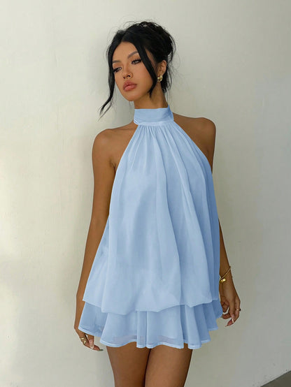 Aloruh Women's Elegant Light Yellow Halter Tie Mini Dress