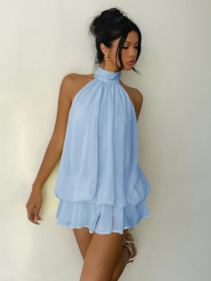 Aloruh Women's Elegant Light Yellow Halter Tie Mini Dress