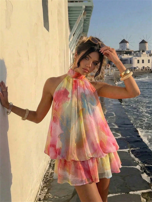 Aloruh Women's Elegant Sexy Tropical Pink And Yellow Summer Boho Halter Neck Tie Floral Print Mini Dress,Beach Vacation Holiday Sun Dresses Party Honeymoon