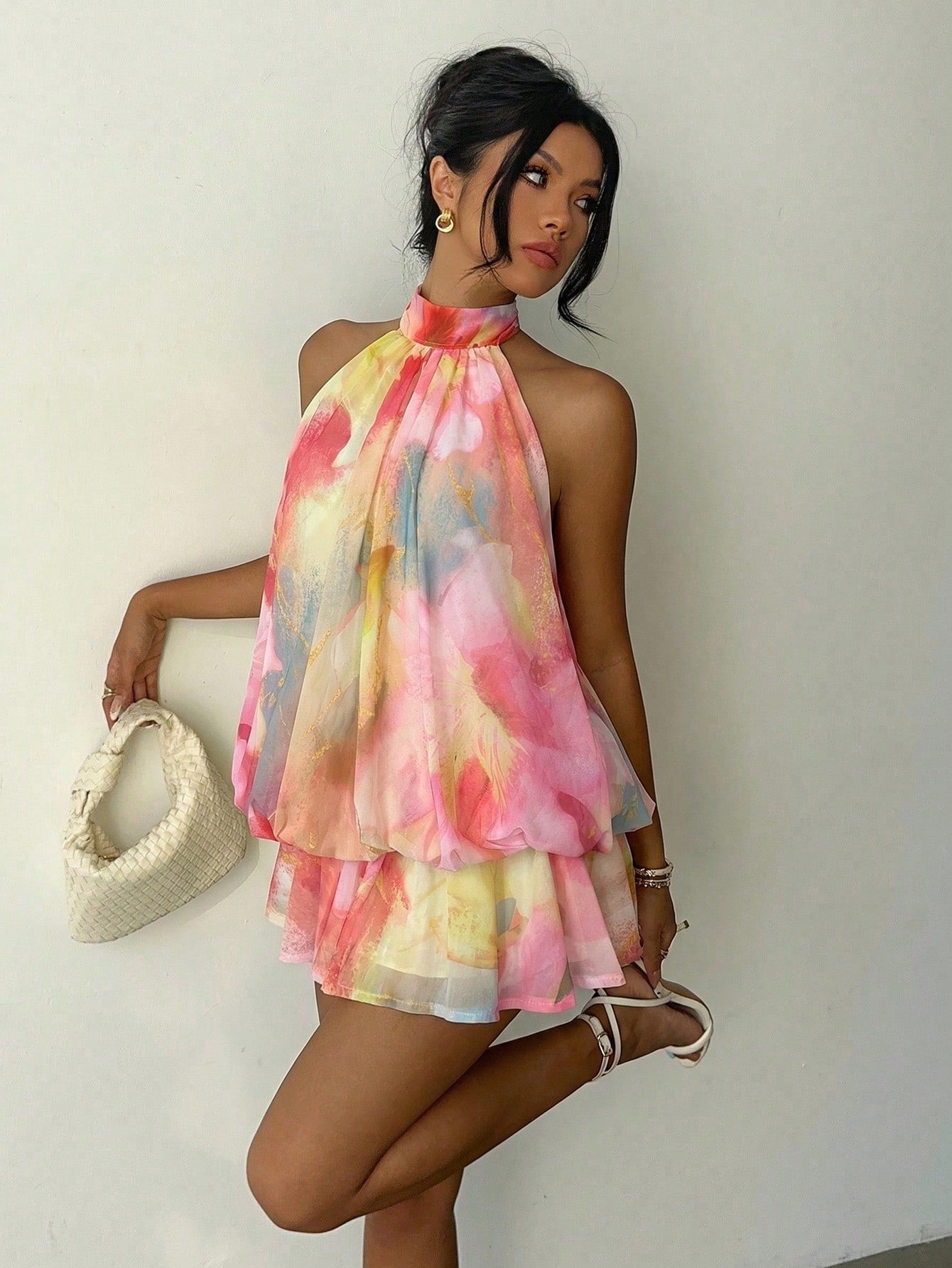 Aloruh Women's Elegant Sexy Tropical Pink And Yellow Summer Boho Halter Neck Tie Floral Print Mini Dress,Beach Vacation Holiday Sun Dresses Party Honeymoon