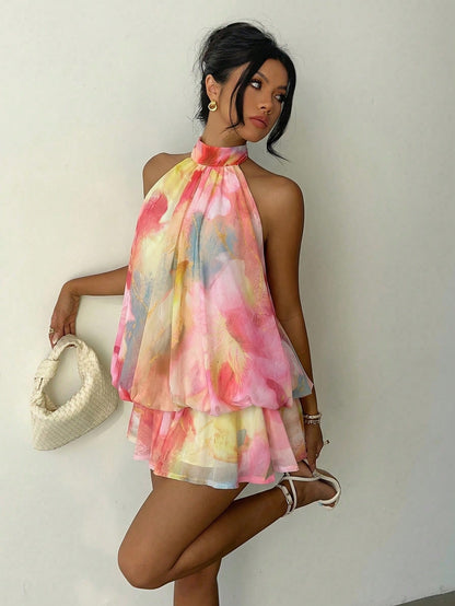 Aloruh Women's Elegant Sexy Tropical Pink And Yellow Summer Boho Halter Neck Tie Floral Print Mini Dress,Beach Vacation Holiday Sun Dresses Party Honeymoon