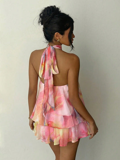 Aloruh Women's Elegant Sexy Tropical Pink And Yellow Summer Boho Halter Neck Tie Floral Print Mini Dress,Beach Vacation Holiday Sun Dresses Party Honeymoon