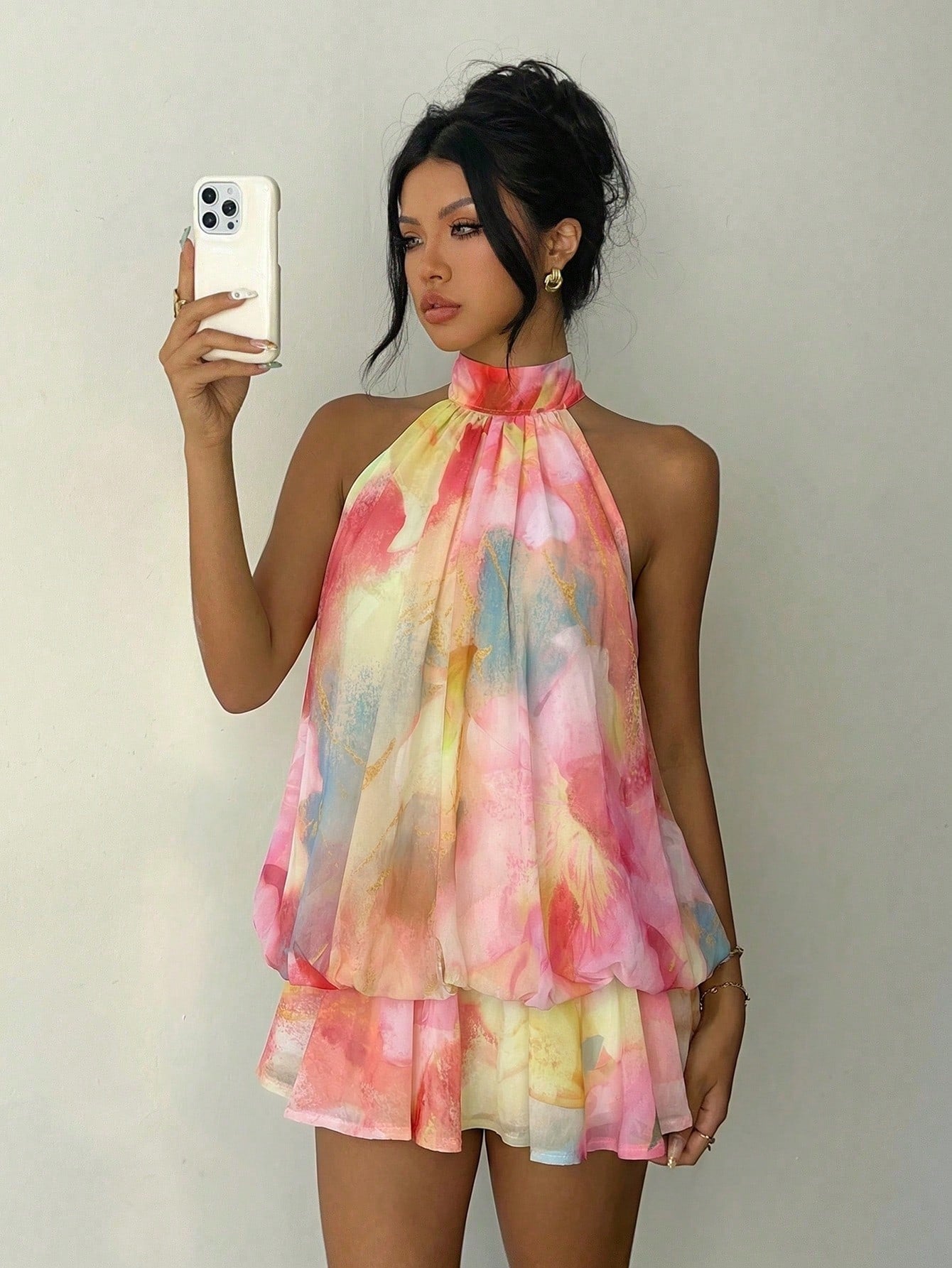 Aloruh Women's Elegant Sexy Tropical Pink And Yellow Summer Boho Halter Neck Tie Floral Print Mini Dress,Beach Vacation Holiday Sun Dresses Party Honeymoon