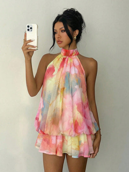 Aloruh Women's Elegant Sexy Tropical Pink And Yellow Summer Boho Halter Neck Tie Floral Print Mini Dress,Beach Vacation Holiday Sun Dresses Party Honeymoon