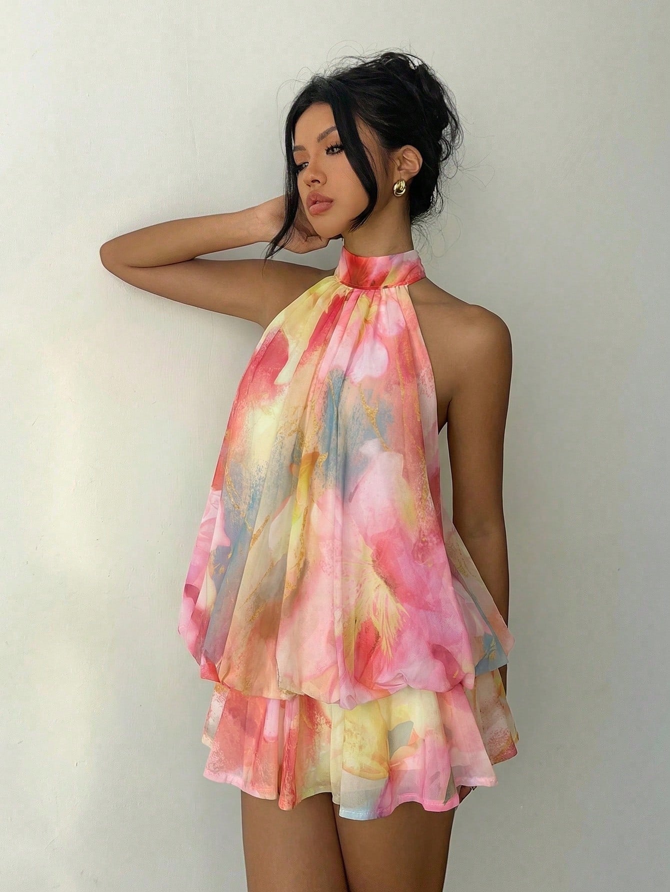 Aloruh Women's Elegant Sexy Tropical Pink And Yellow Summer Boho Halter Neck Tie Floral Print Mini Dress,Beach Vacation Holiday Sun Dresses Party Honeymoon