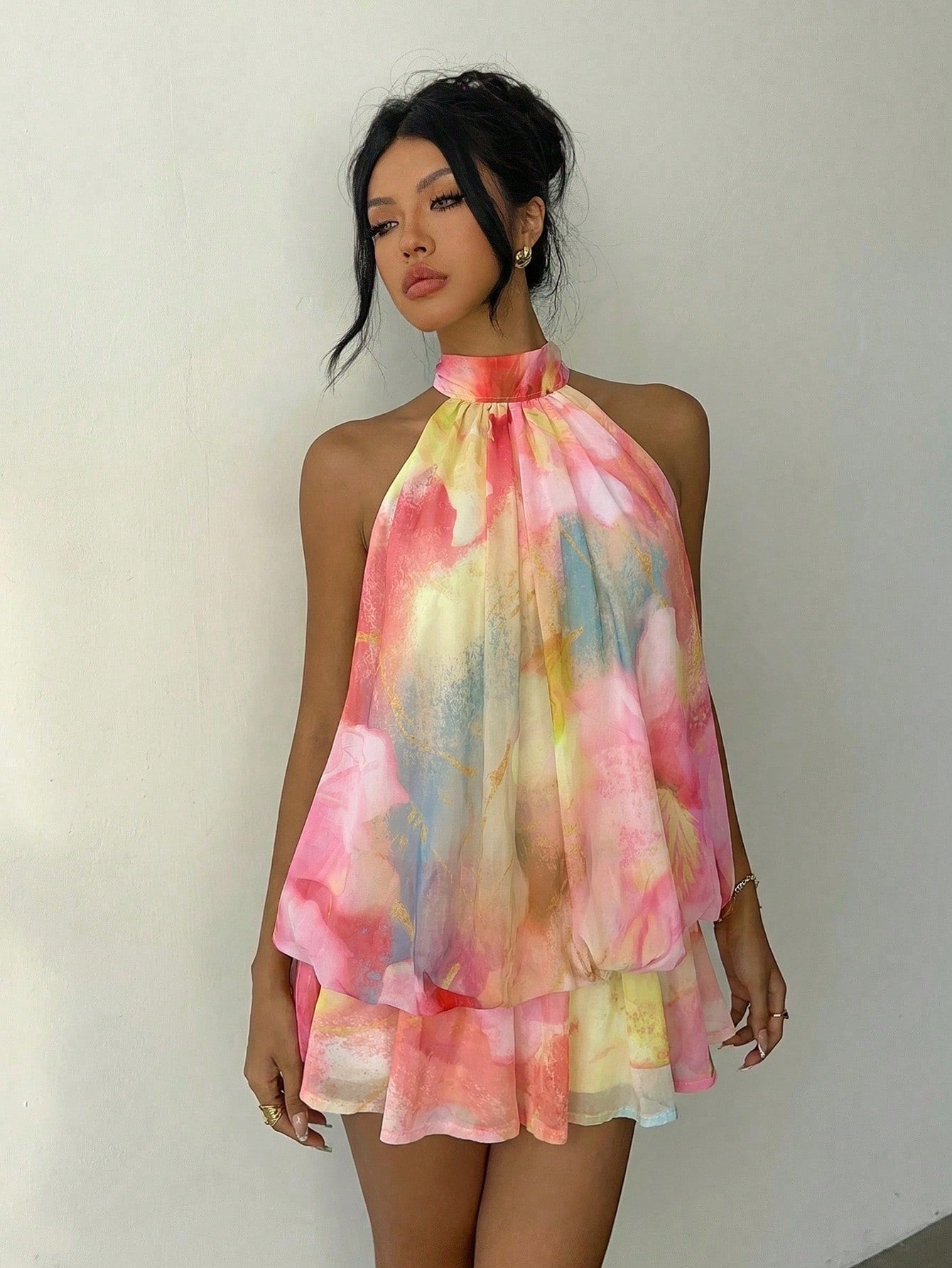 Aloruh Women's Elegant Sexy Tropical Pink And Yellow Summer Boho Halter Neck Tie Floral Print Mini Dress,Beach Vacation Holiday Sun Dresses Party Honeymoon