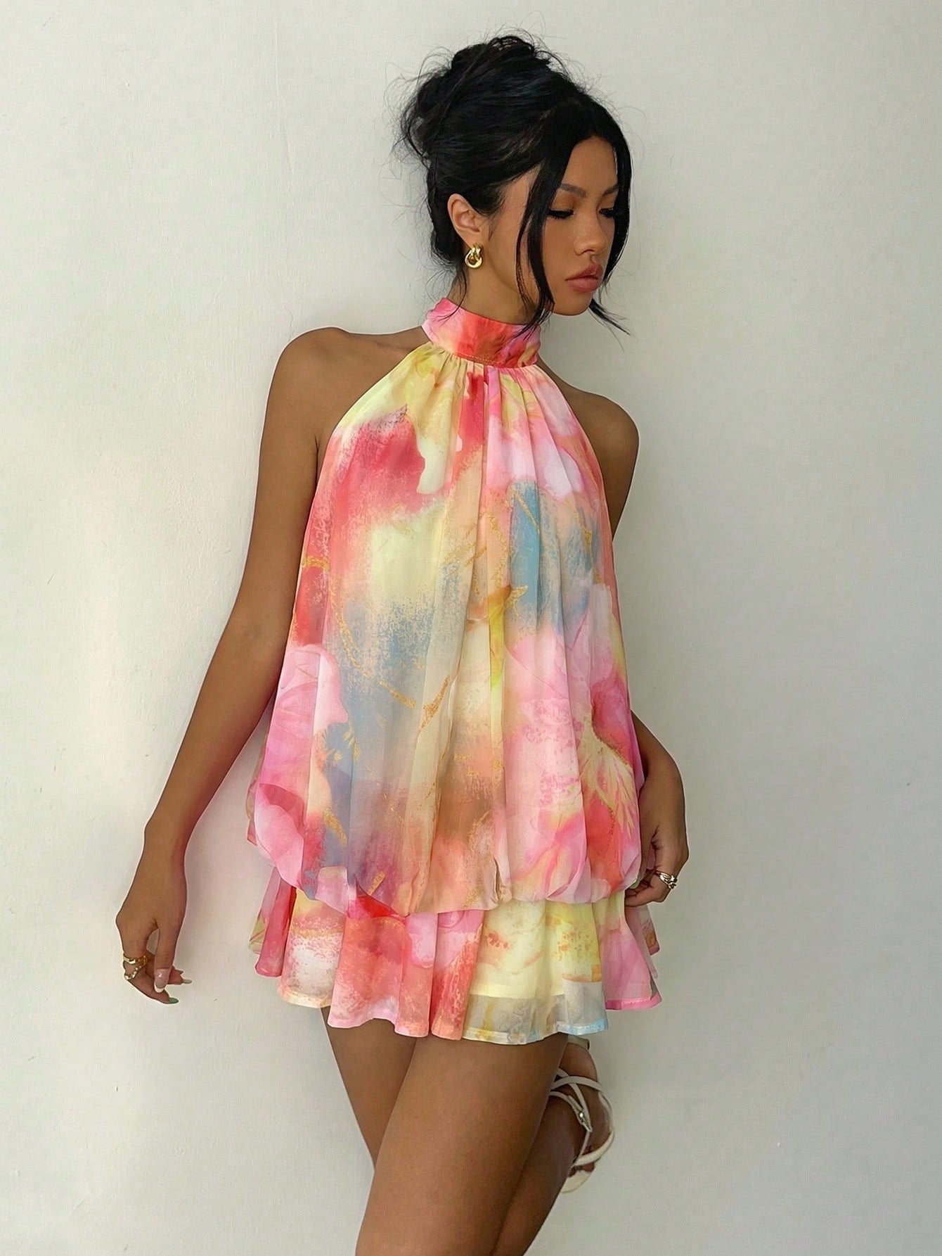 Aloruh Women's Elegant Sexy Tropical Pink And Yellow Summer Boho Halter Neck Tie Floral Print Mini Dress,Beach Vacation Holiday Sun Dresses Party Honeymoon