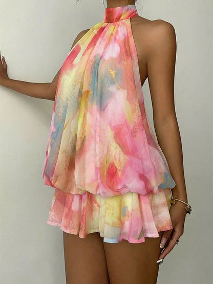 Aloruh Women's Elegant Sexy Tropical Pink And Yellow Summer Boho Halter Neck Tie Floral Print Mini Dress,Beach Vacation Holiday Sun Dresses Party Honeymoon