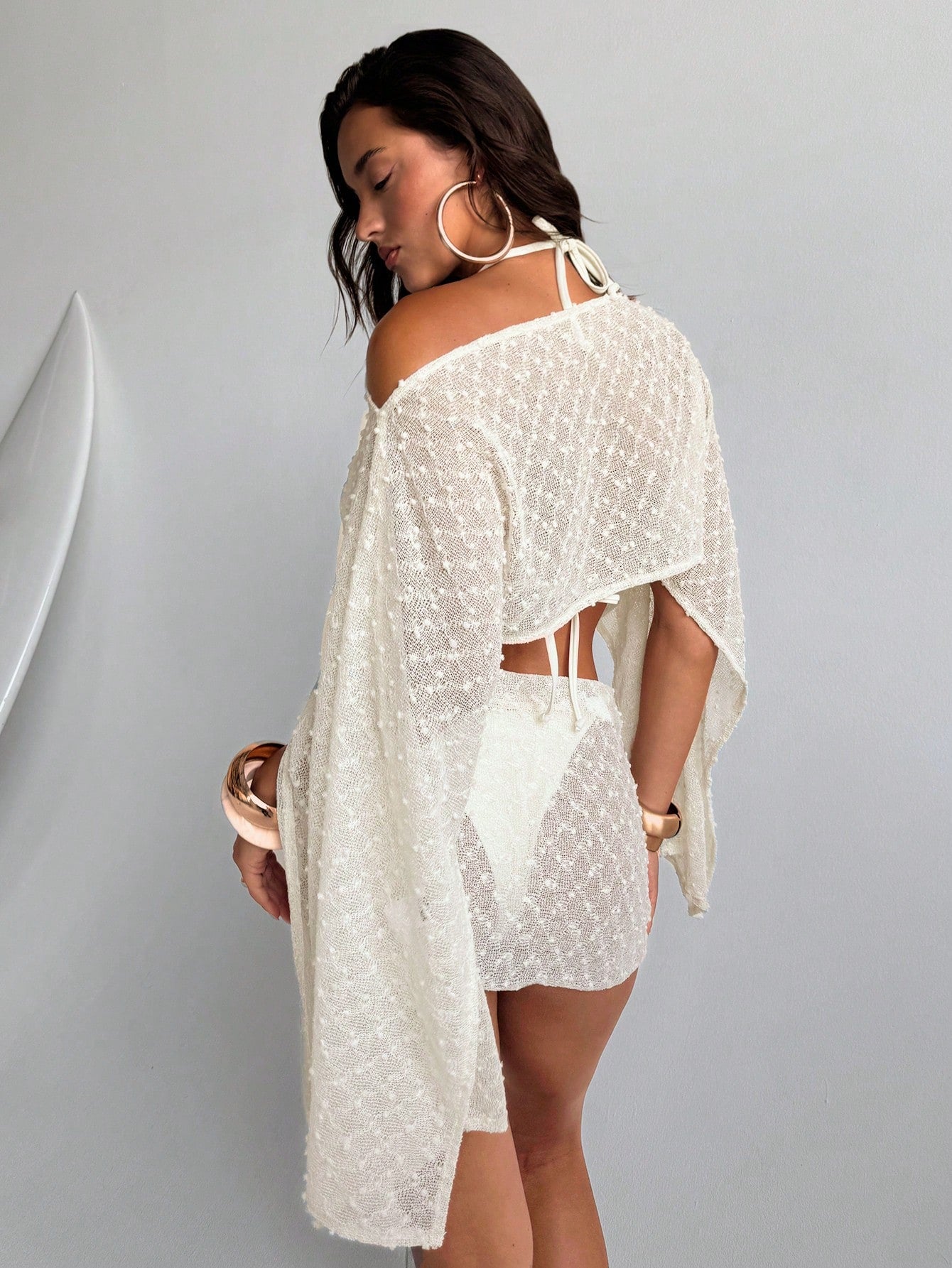 Aloruh Women's Jacquard Texture 2 Piece Set,Shawl Top & Wrap Mini Skirt,Off-White Summer Casual Beach Holiday Vacation Cover Up Resort Wear