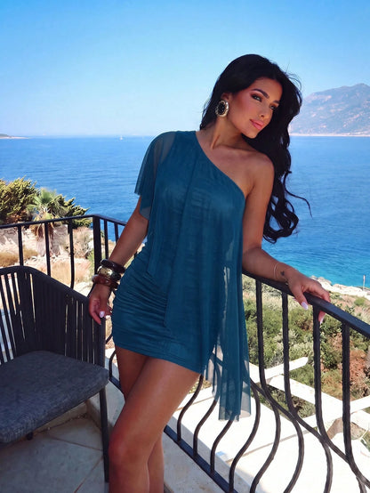 Aloruh Women's Solid Color One Shoulder Casual Party Mini Dress