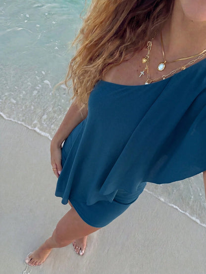 Aloruh Women's Solid Color One Shoulder Casual Party Mini Dress