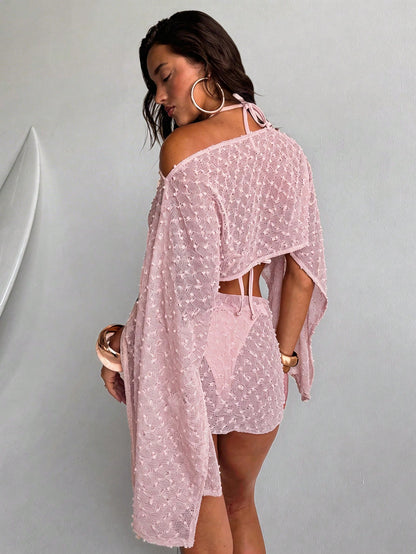 Aloruh Women's Spring/Summer New 2-Piece Set, Jacquard Textured Fabric Shawl Top And Wrap-Style Mini Skirt, Beach/Resort Wear Cover Ups For Swimwear