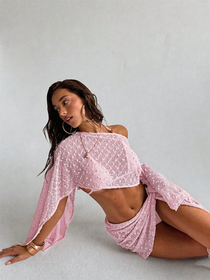Aloruh Women's Spring/Summer New 2-Piece Set, Jacquard Textured Fabric Shawl Top And Wrap-Style Mini Skirt, Beach/Resort Wear Cover Ups For Swimwear