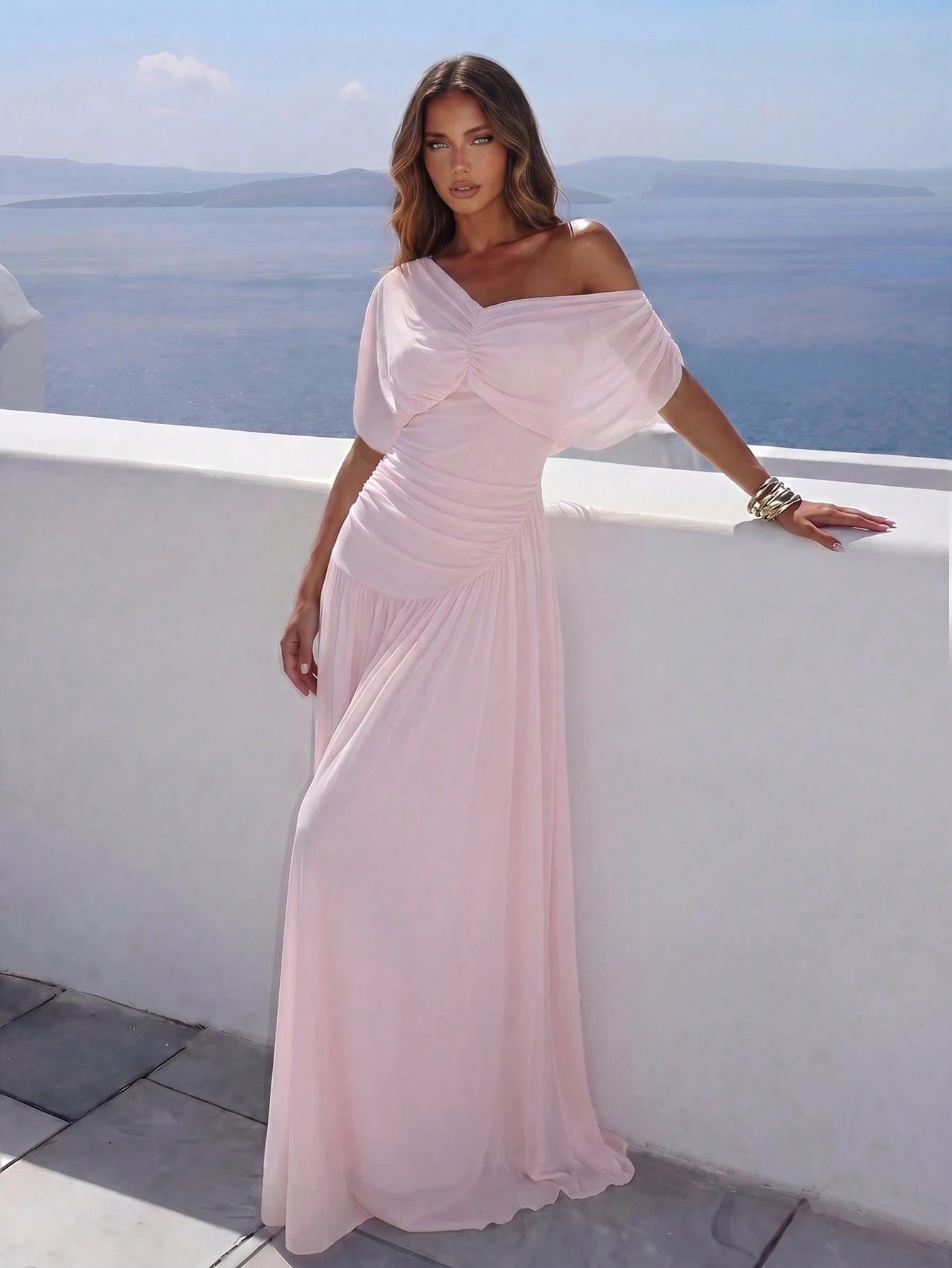 Aloruh Women's Summer Elegant Ruched Asymmetrical Neck Waist Cinched Long Dress Vacation Blush Pink, Graduation Clothing
