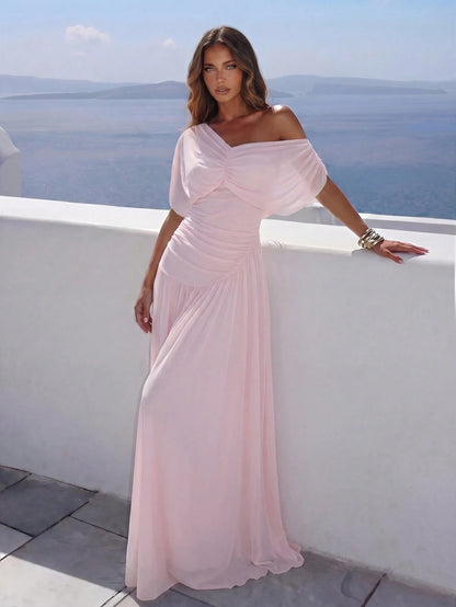 Aloruh Women's Summer Elegant Ruched Asymmetrical Neck Waist Cinched Long Dress Vacation Blush Pink, Graduation Clothing