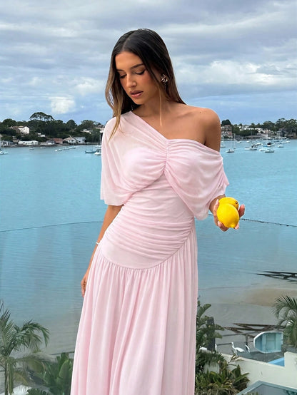 Aloruh Women's Summer Elegant Ruched Asymmetrical Neck Waist Cinched Long Dress Vacation Blush Pink, Graduation Clothing