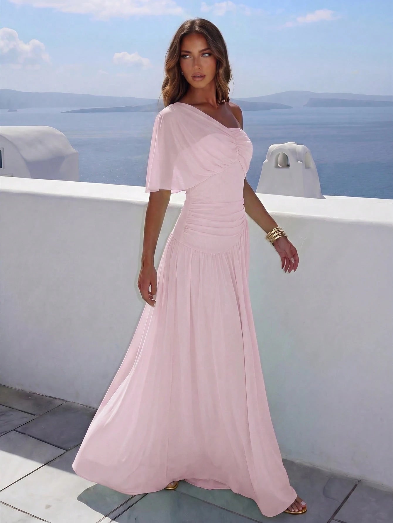 Aloruh Women's Summer Elegant Ruched Asymmetrical Neck Waist Cinched Long Dress Vacation Blush Pink, Graduation Clothing