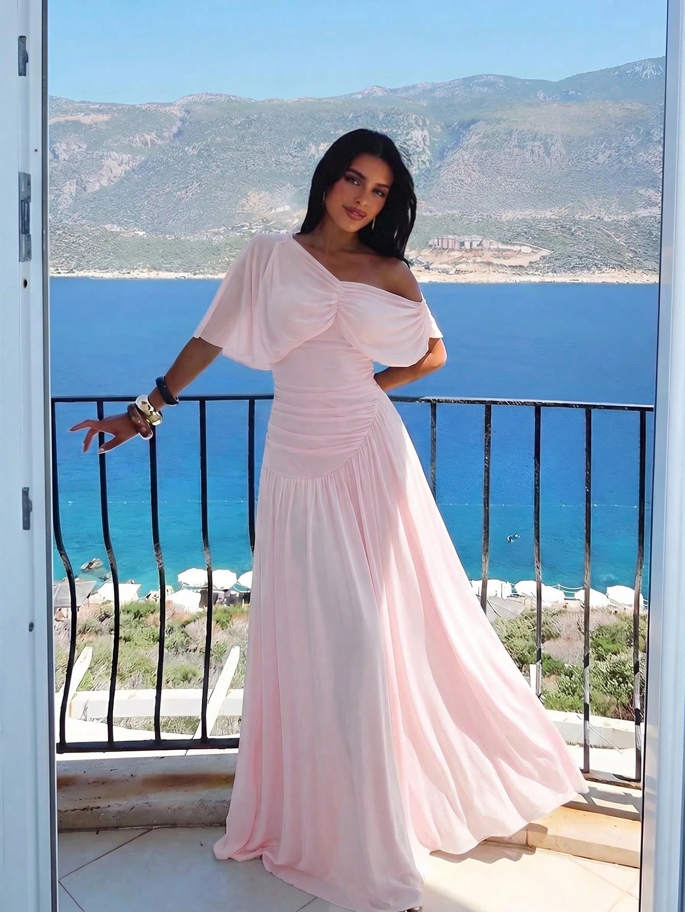 Aloruh Women's Summer Elegant Ruched Asymmetrical Neck Waist Cinched Long Dress Vacation Blush Pink, Graduation Clothing