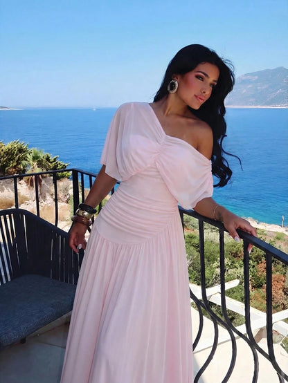 Aloruh Women's Summer Elegant Ruched Asymmetrical Neck Waist Cinched Long Dress Vacation Blush Pink, Graduation Clothing