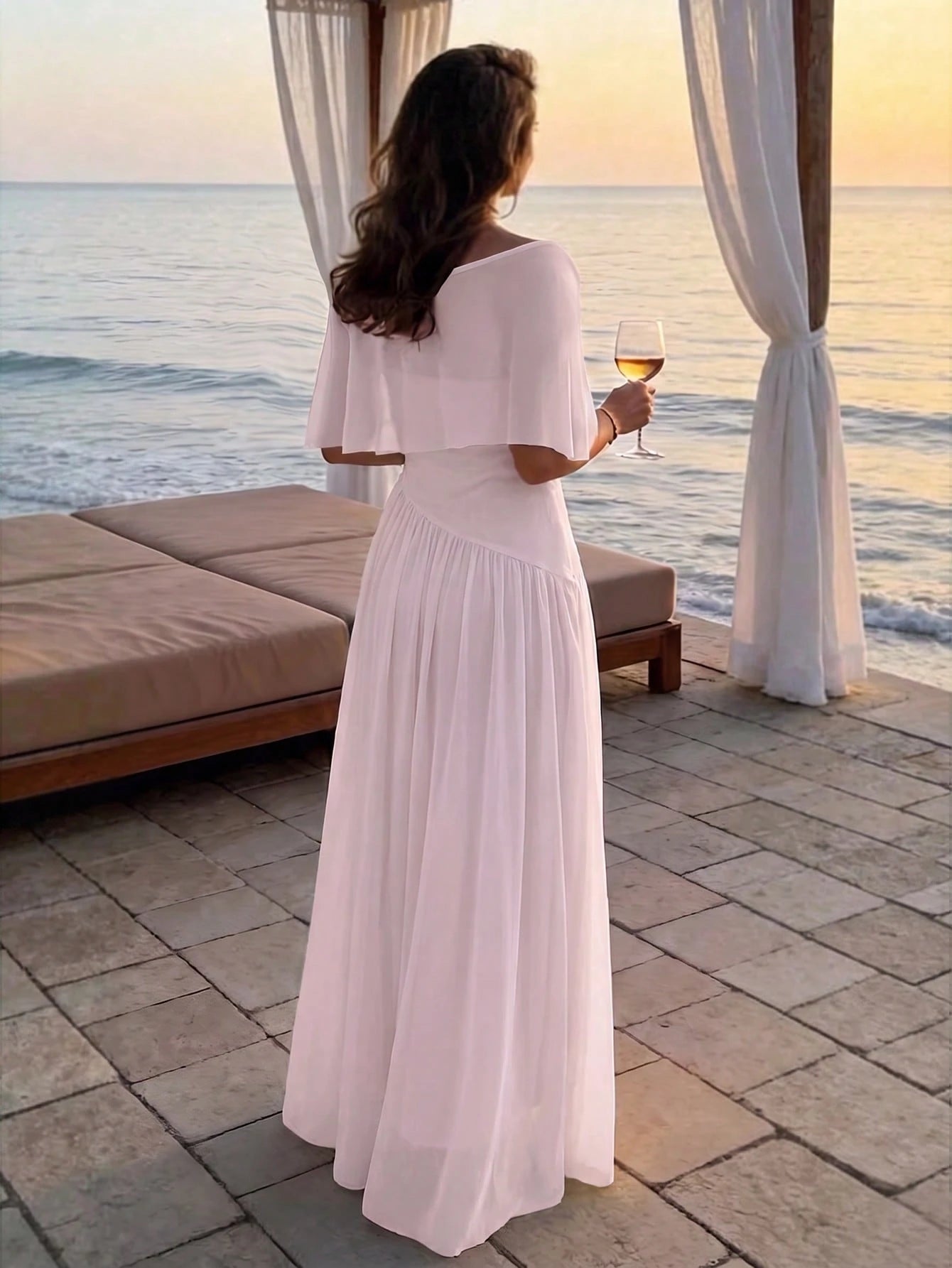 Aloruh Women's Summer Elegant Ruched Asymmetrical Neck Waist Cinched Long Dress Vacation Blush Pink, Graduation Clothing