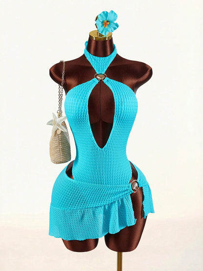 Amplova 1pc Women's Halter Backless One-Piece Swimwear With Shell Metal Decor & Cover-Up Skirt Beach Vacation Outfits For Women