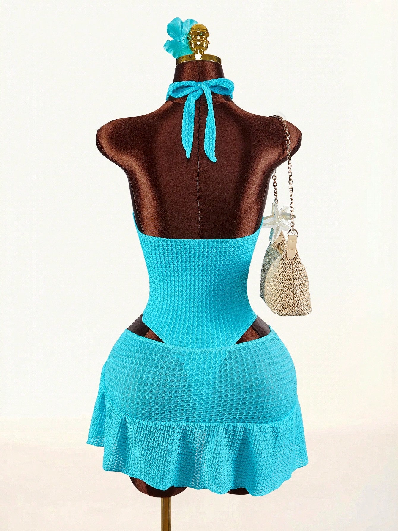 Amplova 1pc Women's Halter Backless One-Piece Swimwear With Shell Metal Decor & Cover-Up Skirt Beach Vacation Outfits For Women