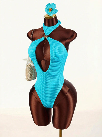 Amplova 1pc Women's Halter Backless One-Piece Swimwear With Shell Metal Decor & Cover-Up Skirt Beach Vacation Outfits For Women