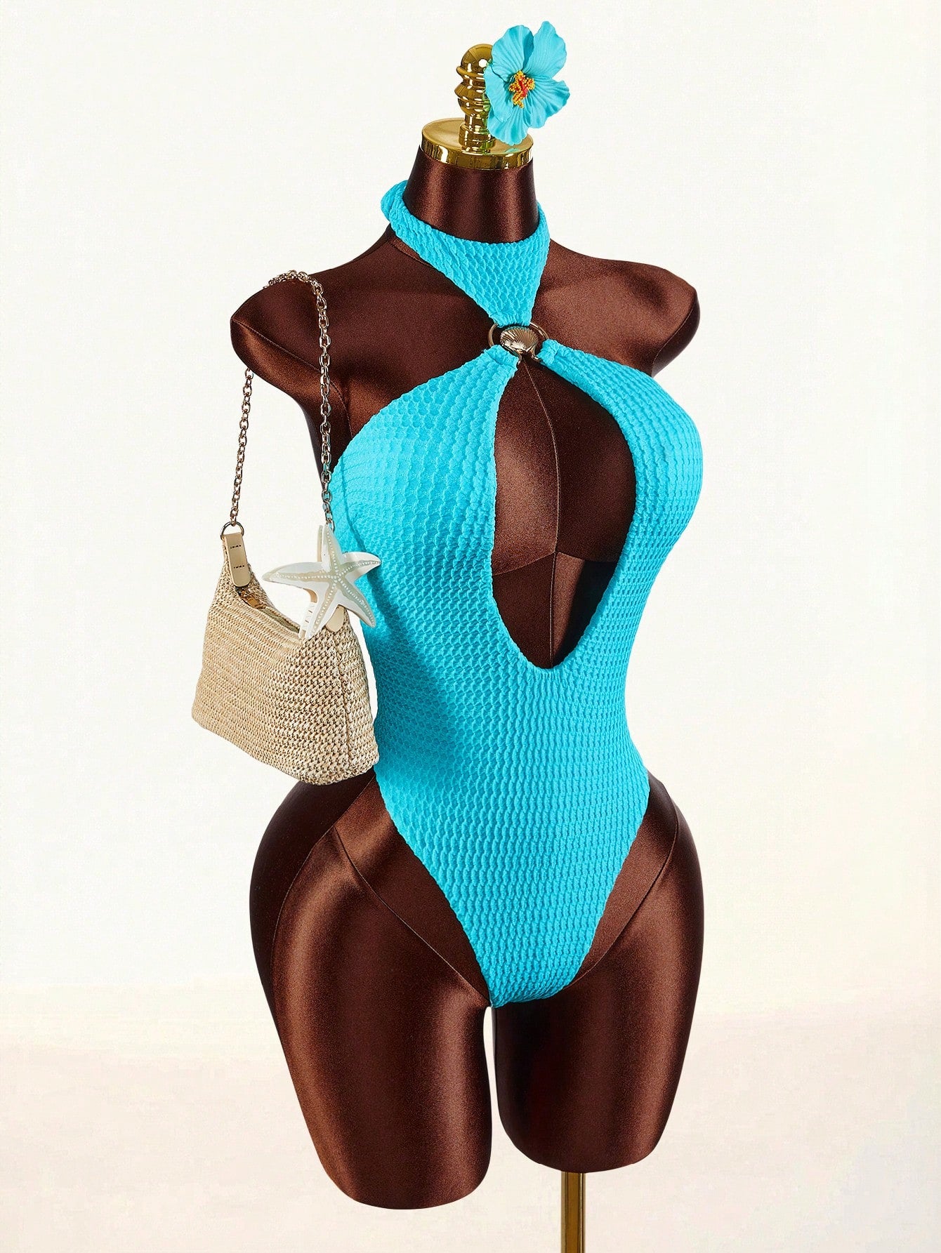 Amplova 1pc Women's Halter Backless One-Piece Swimwear With Shell Metal Decor & Cover-Up Skirt Beach Vacation Outfits For Women