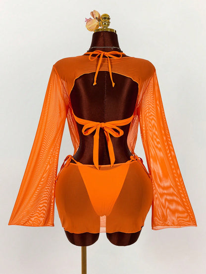 Amplova 3pcs Women's Sexy Avant-Garde Swimwear Cover Up Set, Suitable For Vacation Wear Beach Vacation Outfits For Women