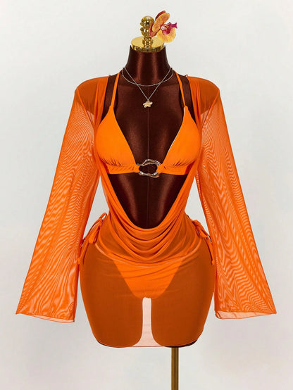 Amplova 3pcs Women's Sexy Avant-Garde Swimwear Cover Up Set, Suitable For Vacation Wear Beach Vacation Outfits For Women