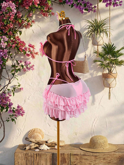 Amplova 3pcs Women's Swimwear Set,Pink 3D Floral Butterfly Orchid Cups,Ruffle Hem Cover-Up With Front Tie,Summer Tropical Beach Party Holiday Vacation Sexy