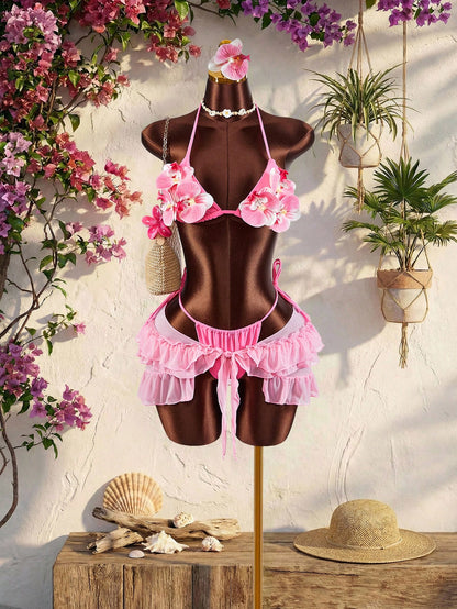 Amplova 3pcs Women's Swimwear Set,Pink 3D Floral Butterfly Orchid Cups,Ruffle Hem Cover-Up With Front Tie,Summer Tropical Beach Party Holiday Vacation Sexy