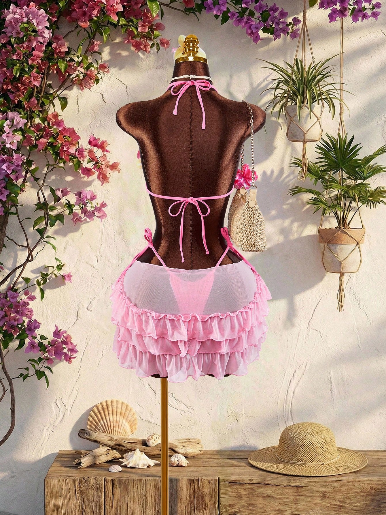 Amplova 3pcs Women's Swimwear Set,Pink 3D Floral Butterfly Orchid Cups,Ruffle Hem Cover-Up With Front Tie,Summer Tropical Beach Party Holiday Vacation Sexy