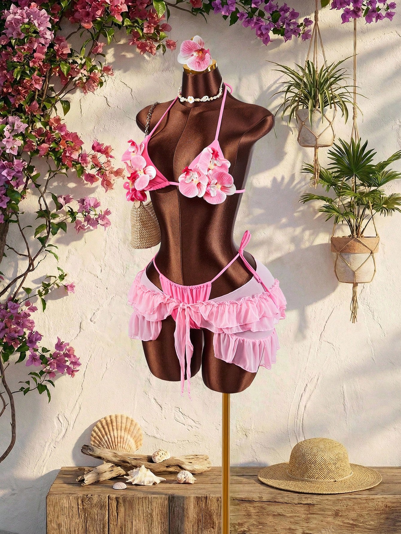 Amplova 3pcs Women's Swimwear Set,Pink 3D Floral Butterfly Orchid Cups,Ruffle Hem Cover-Up With Front Tie,Summer Tropical Beach Party Holiday Vacation Sexy