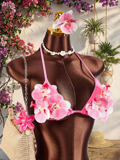 Amplova 3pcs Women's Swimwear Set,Pink 3D Floral Butterfly Orchid Cups,Ruffle Hem Cover-Up With Front Tie,Summer Tropical Beach Party Holiday Vacation Sexy