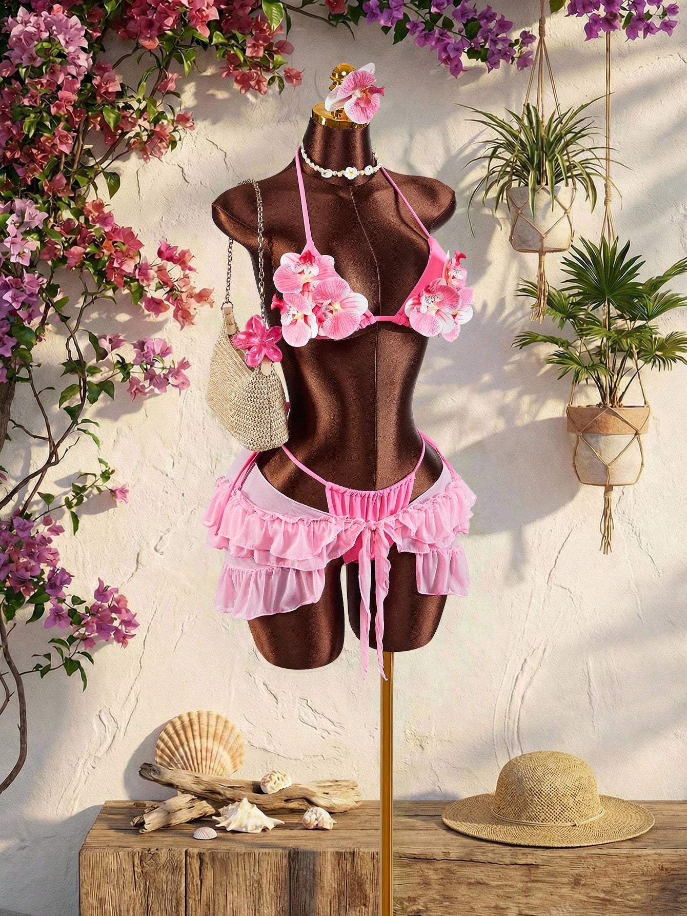 Amplova 3pcs Women's Swimwear Set,Pink 3D Floral Butterfly Orchid Cups,Ruffle Hem Cover-Up With Front Tie,Summer Tropical Beach Party Holiday Vacation Sexy