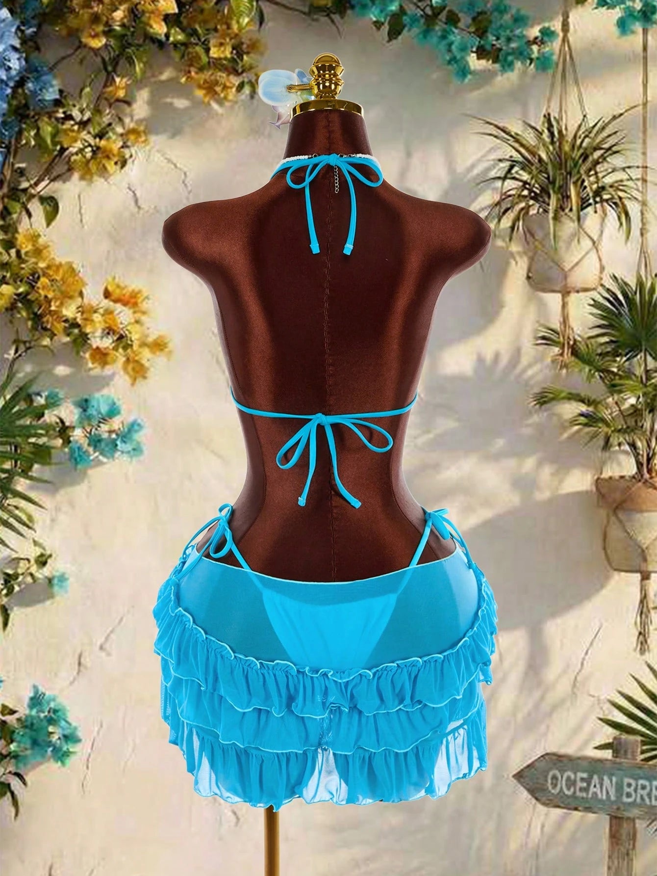 Amplova 3pcs Women's Swimwear Set,Aqua Blue 3D Butterfly Orchid Cups Bikini With Ruffle Hem Cover-Up,Summer Casual Beach Holiday Vacation Holiday Outfit