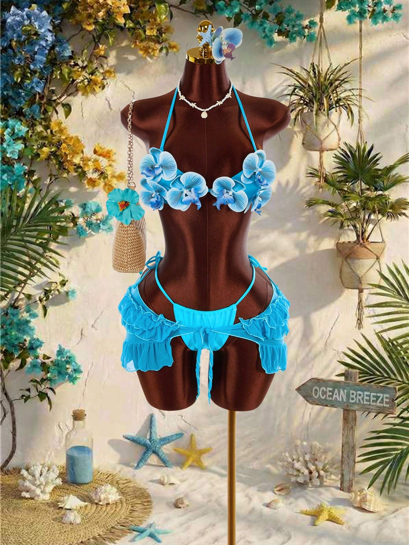 Amplova 3pcs Women's Swimwear Set,Aqua Blue 3D Butterfly Orchid Cups Bikini With Ruffle Hem Cover-Up,Summer Casual Beach Holiday Vacation Holiday Outfit