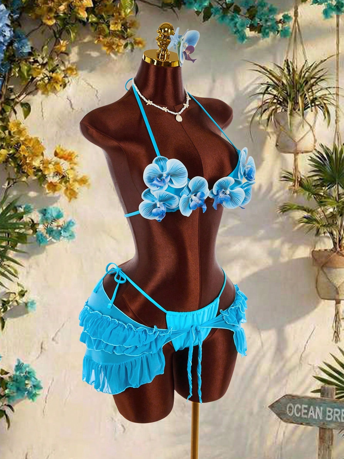 Amplova 3pcs Women's Swimwear Set,Aqua Blue 3D Butterfly Orchid Cups Bikini With Ruffle Hem Cover-Up,Summer Casual Beach Holiday Vacation Holiday Outfit