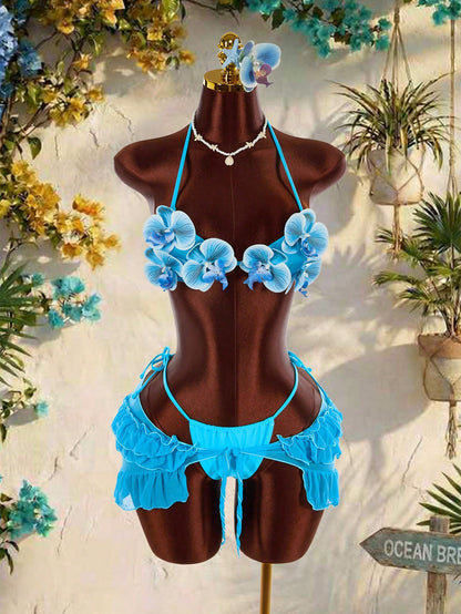Amplova 3pcs Women's Swimwear Set,Aqua Blue 3D Butterfly Orchid Cups Bikini With Ruffle Hem Cover-Up,Summer Casual Beach Holiday Vacation Holiday Outfit