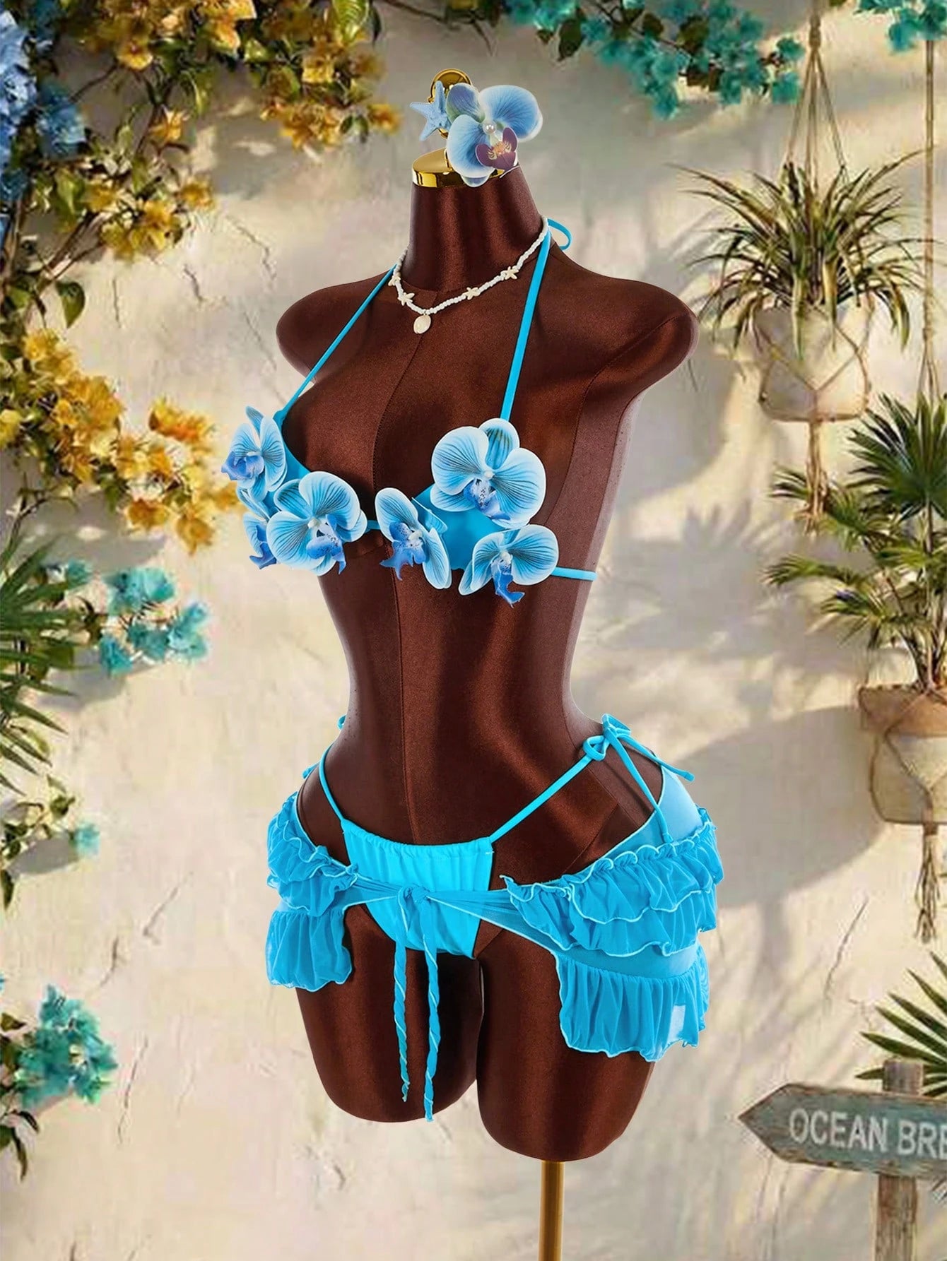 Amplova 3pcs Women's Swimwear Set,Aqua Blue 3D Butterfly Orchid Cups Bikini With Ruffle Hem Cover-Up,Summer Casual Beach Holiday Vacation Holiday Outfit
