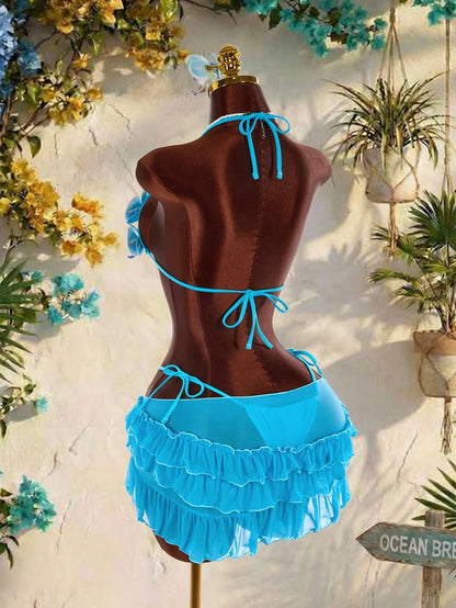 Amplova 3pcs Women's Swimwear Set,Aqua Blue 3D Butterfly Orchid Cups Bikini With Ruffle Hem Cover-Up,Summer Casual Beach Holiday Vacation Holiday Outfit
