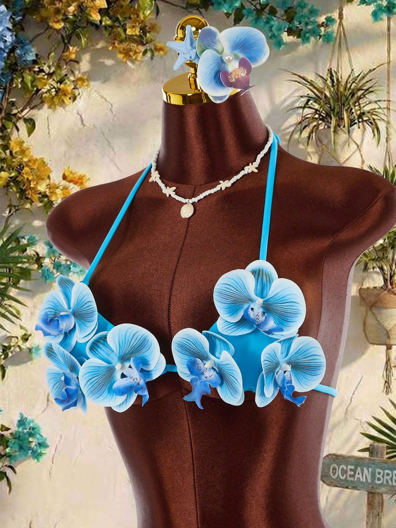 Amplova 3pcs Women's Swimwear Set,Aqua Blue 3D Butterfly Orchid Cups Bikini With Ruffle Hem Cover-Up,Summer Casual Beach Holiday Vacation Holiday Outfit