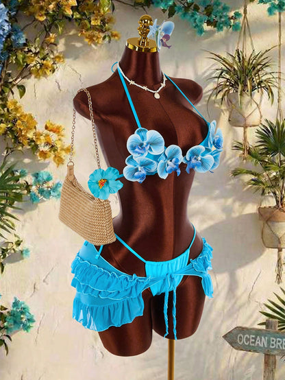 Amplova 3pcs Women's Swimwear Set,Aqua Blue 3D Butterfly Orchid Cups Bikini With Ruffle Hem Cover-Up,Summer Casual Beach Holiday Vacation Holiday Outfit
