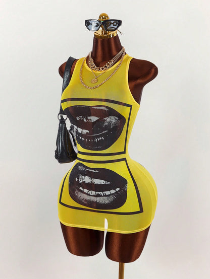 Amplova Face & Lip Print Sheer Bodycon Mini Dress,Summer Dresses For Women