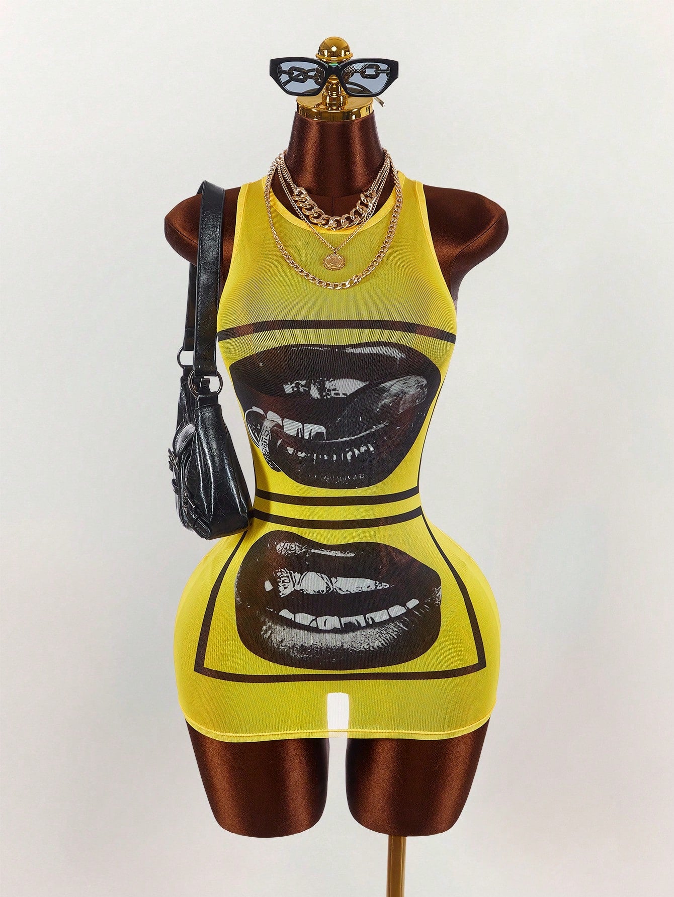 Amplova Face & Lip Print Sheer Bodycon Mini Dress,Summer Dresses For Women