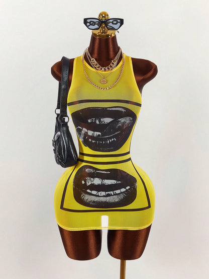 Amplova Face & Lip Print Sheer Bodycon Mini Dress,Summer Dresses For Women