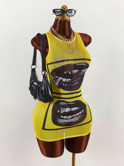 Amplova Face & Lip Print Sheer Bodycon Mini Dress,Summer Dresses For Women