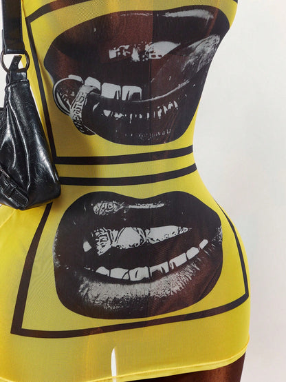 Amplova Face & Lip Print Sheer Bodycon Mini Dress,Summer Dresses For Women