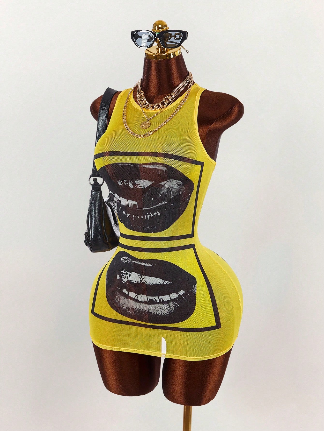 Amplova Face & Lip Print Sheer Bodycon Mini Dress,Summer Dresses For Women